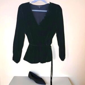 J. CREW Black Velvet Faux Wrap Top Size 6